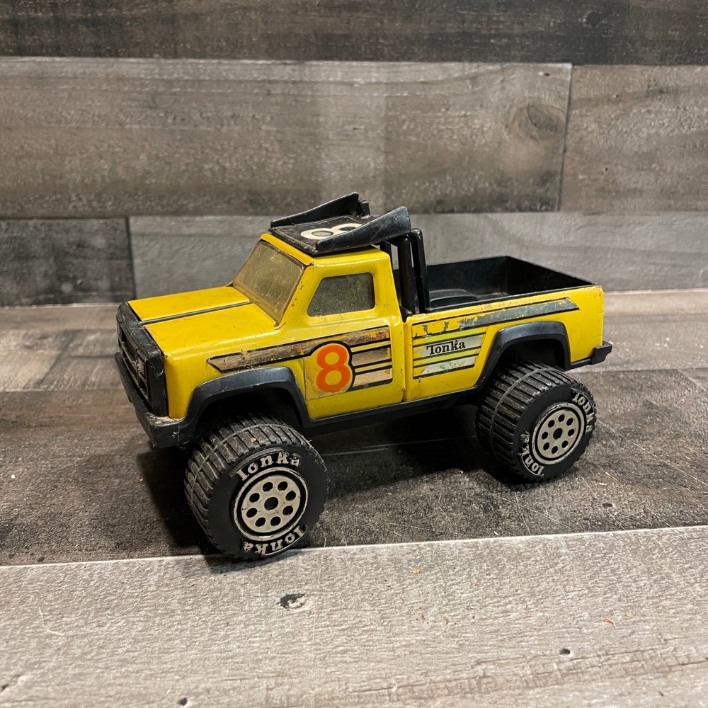 Vintage Tonka Yellow Pressed Steel Monster Truck 4x4 Number 8 Racing Pickup